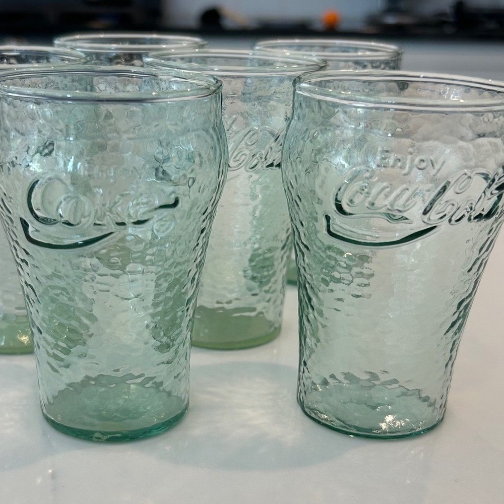 Vintage Coca-Cola 4in Set of 6 Drinking Glasses Green Pebbled Indiana Glass USA